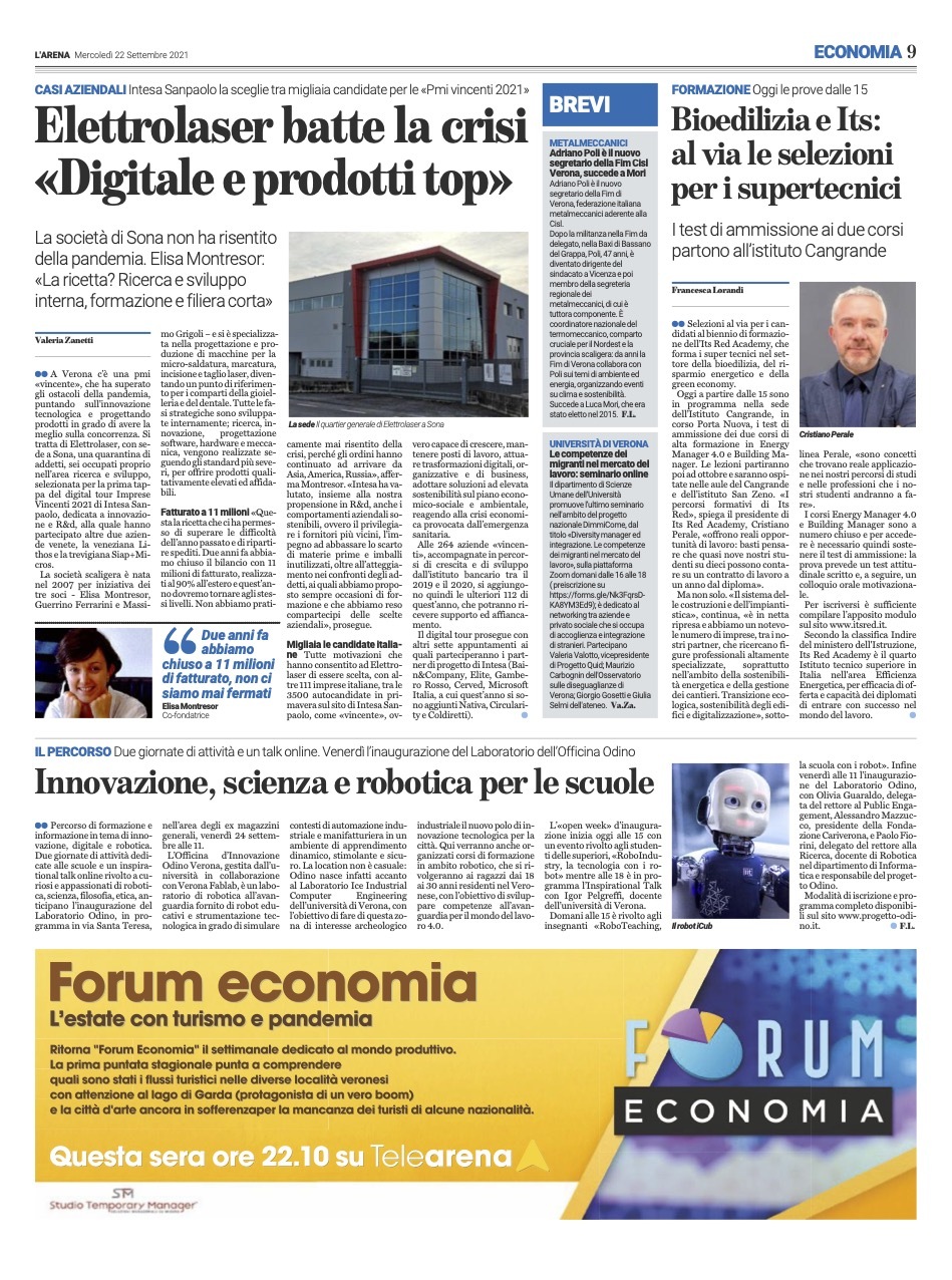 Elettrolaser is one of Intesa Sanpaolo's 2021 “Winning Companies”